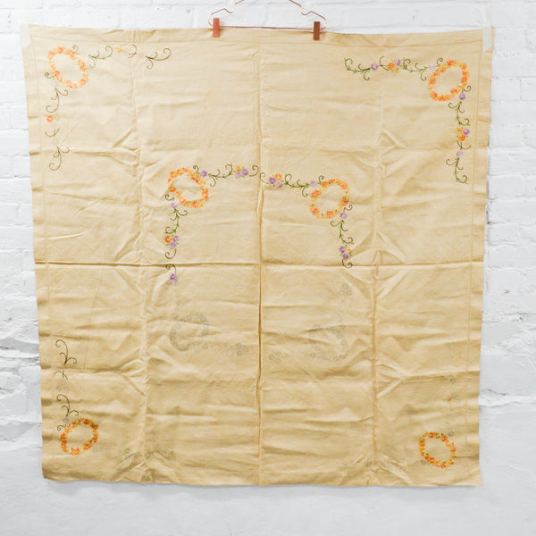 Beige Floral Wreath Embroidered Tablecloth Kit - Partially Worked