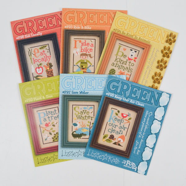 Lizzie Kate Green Flip-It Cross Stitch Patterns with Button Embellishment - Set of 6