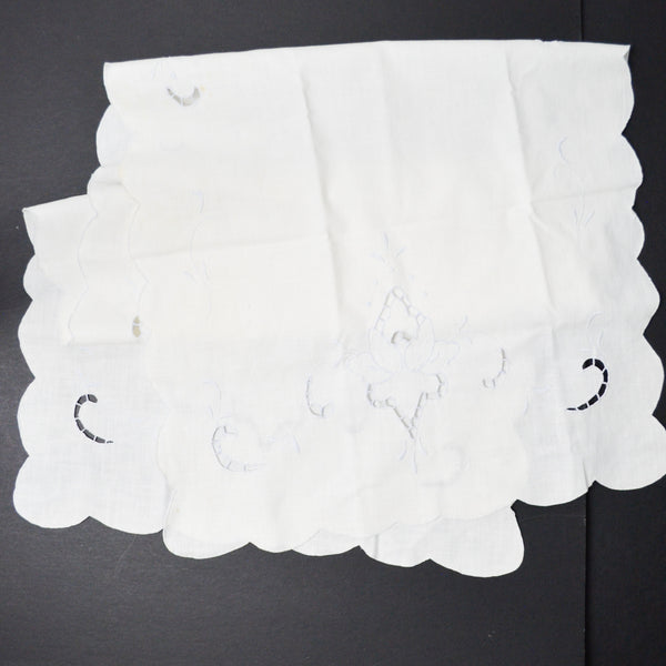White + Light Blue Embroidery Cutwork Runner - 15" x 40"