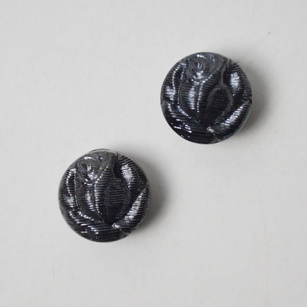 Textured Floral Relief Carved Black Glass Buttons - Set of 2