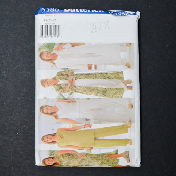 Butterick 5586 Duster, Dress, Top, Tunic + Pants Sewing Pattern - Size 18-22
