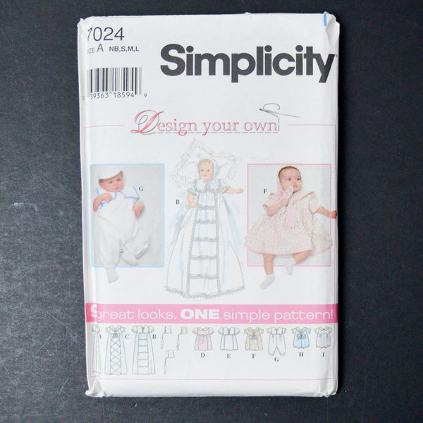 Simplicity 7024 Babies' Dress, Romper and Bonnet Sewing Pattern - Size A (NB, S, M, L)