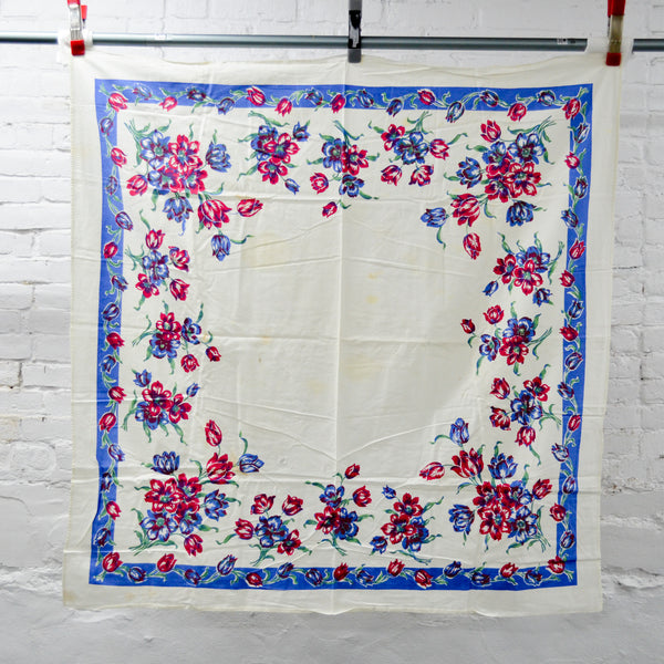 Vintage Red + Blue Floral Tablecloth - 46" x 47"