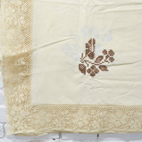 Off-White Tablecloth with Lace Edge + Printed Cross Stitch Pattern - Partially Stitched - 70" x 92"