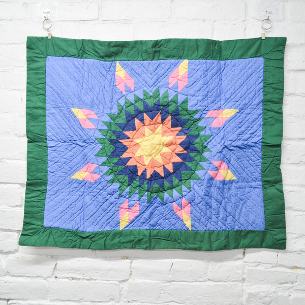 Blue + Green Colorful Lone Star Hand Sewn Wall Quilt - 23" x 28"