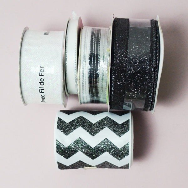 Sparkly Black, White + Silver Ribbon Bundle - 5 Spools