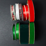 Green, Red + Printed Velvet, Satin and Fabric Ribbon Bundle - 9 Spools
