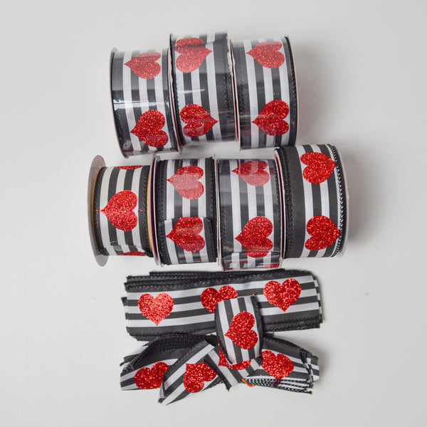 Black + White Striped Ribbon with Sparkly Hearts - 7 Spools