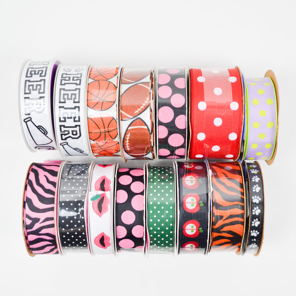 Polka Dot + Sports Print Grosgrain Ribbon - 15 Spools