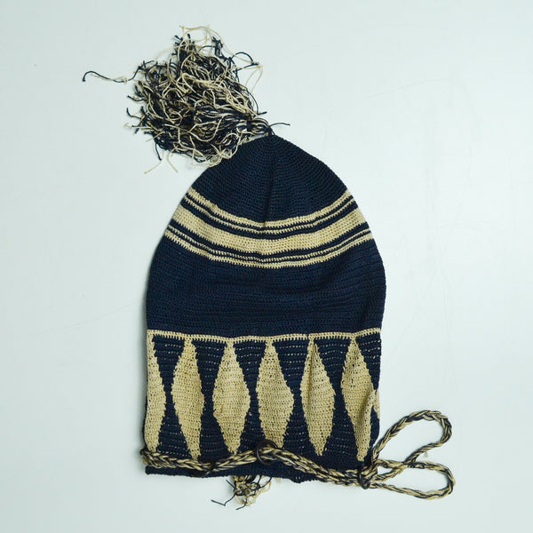 Navy + Beige Crochet Drawstring Bag with Tassel