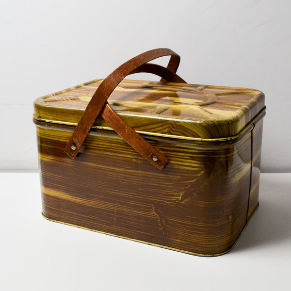 Brown Metal Wood Pattern Picnic Basket with Wooden Handles