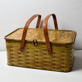 Brown Metal Woven Pattern Picnic Basket with Wooden Handles