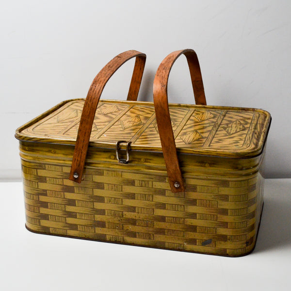 Brown Metal Woven Pattern Picnic Basket with Wooden Handles