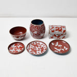 Red + White Cloisonne Trays + Vessels - Set of 6