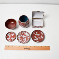 Red + White Cloisonne Trays + Vessels - Set of 6