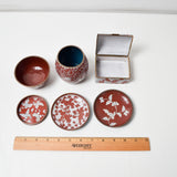 Red + White Cloisonne Trays + Vessels - Set of 6