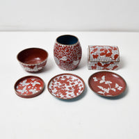 Red + White Cloisonne Trays + Vessels - Set of 6