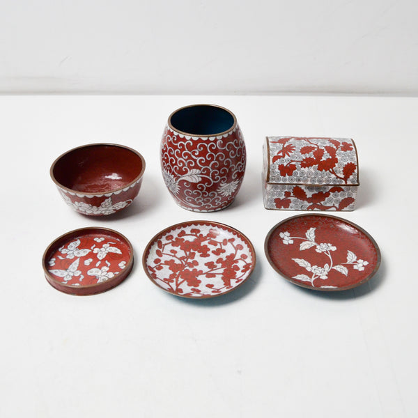Red + White Cloisonne Trays + Vessels - Set of 6
