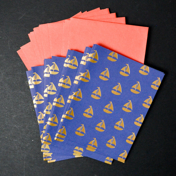 Blue + Gold Sailboat Cards with Envelopes - 14 Sets