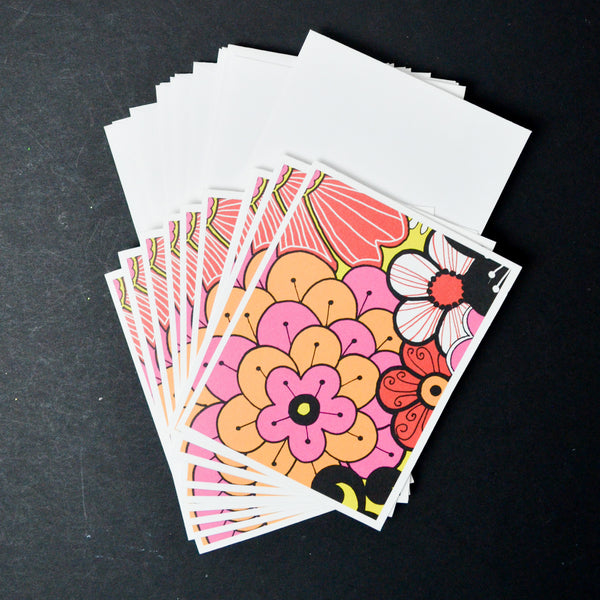 Pink + Orange Illustrated Floral Cards with Envelopes - 10 Sets