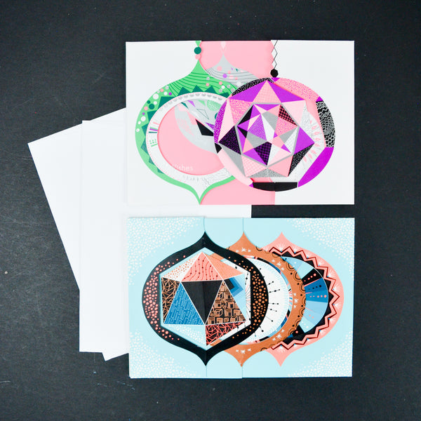 Geometric Christmas Ornament Cards with Envelopes - 2 Sets