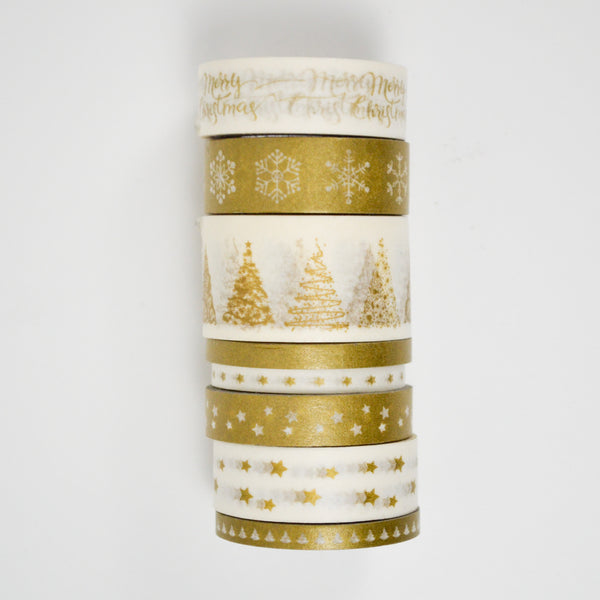 Gold + White Christmas Washi Tape - 8 Rolls