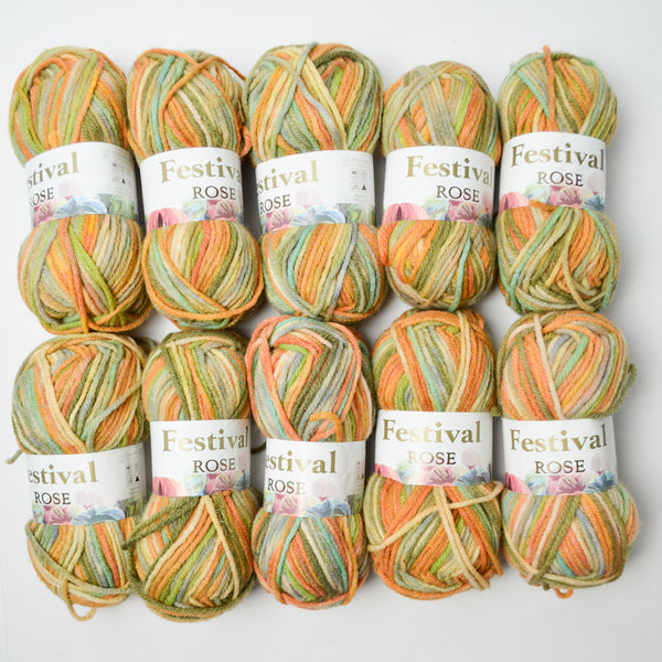 Green + Orange Festival Rose Acrylic + Wool Blend Yarn - 10 Skeins