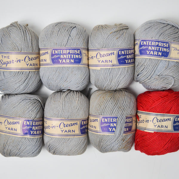 Gray + Red Vintage Sugar 'n Cream Cotton Yarn - 8 Skeins